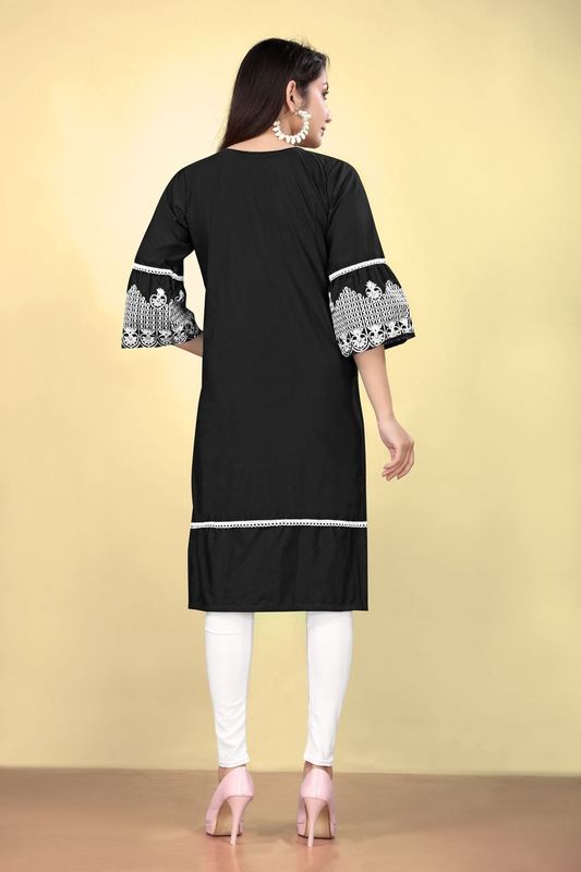 Black Cotton Fabric Thread Embroidery Work Kurti For Formal Looks