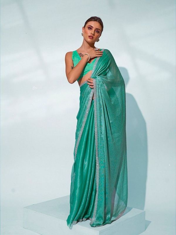 Glamorous Sea Green Color Chiffon Fabric Trendy Designer Bollywood Saree