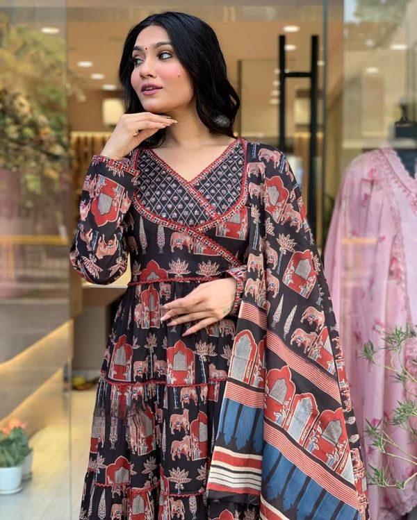 Black Cotton A-Line Kurta, Anarkali Kurta