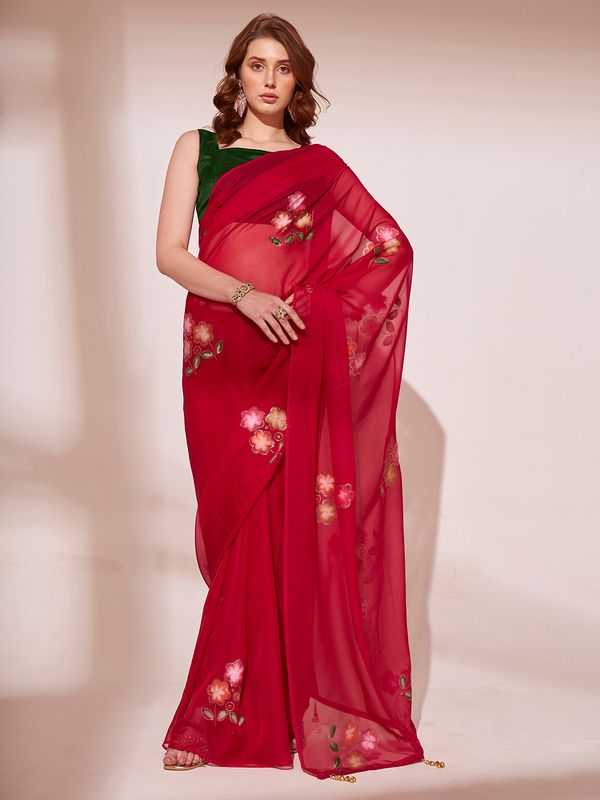 Red Designer Brush Printed Blooming Organza Saree