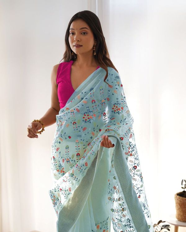 Grey Wevon Patta & Thread & Dori & Jari Embroidery Work Organza Saree