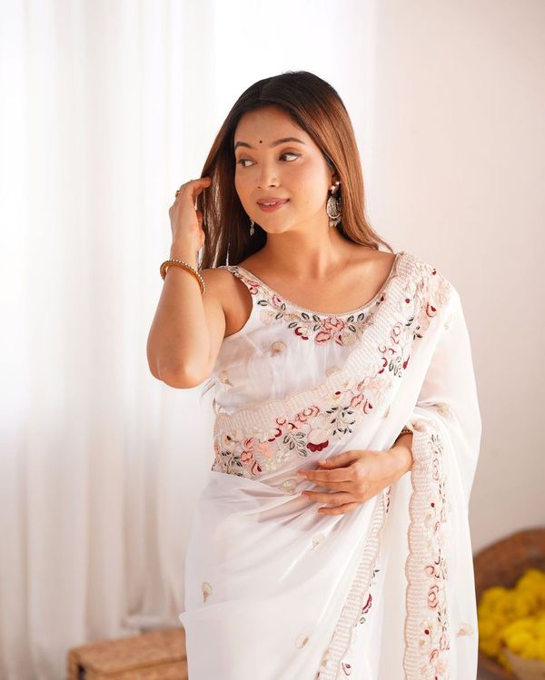 White Heavy Thread & Sequance Embroidery Work Jimmy Choo Saree