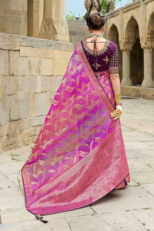 Pink Wevon Designer & Embroidery Work Jacquard Silk Saree