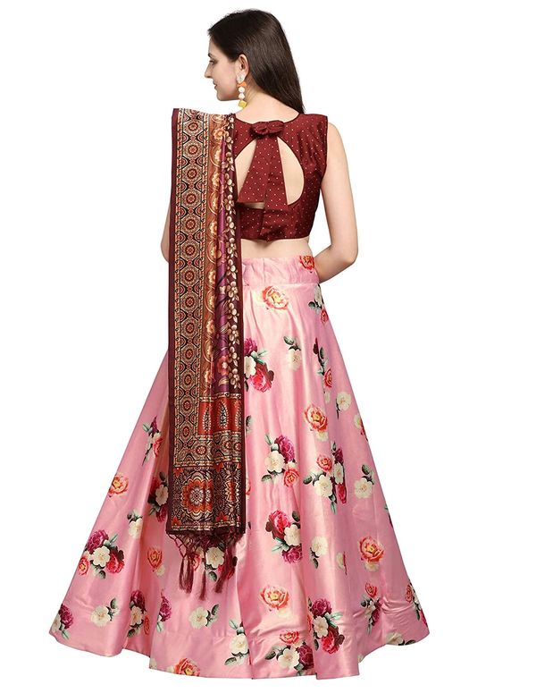 Bandhni Patola Type Digital Print Shiney Satin Croptop Lehenga Choli With Blouse For Women and Girls