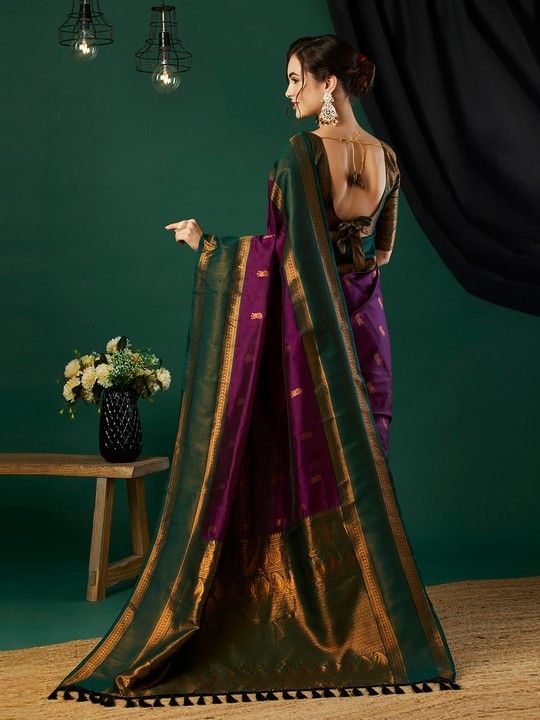 Wine Banarasi Silk Woven Saree With Tassels on Pallu and Stitched Green Blouse