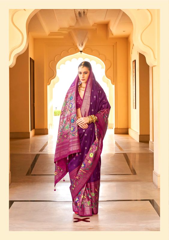 Purple & Pink Wevon Designer & Printed P V Silk Saree