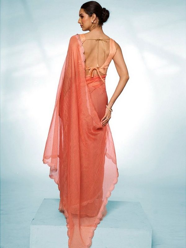 Orange Color Organza Fabric Swarovski Designer Graceful Bollywood Style Party Saree