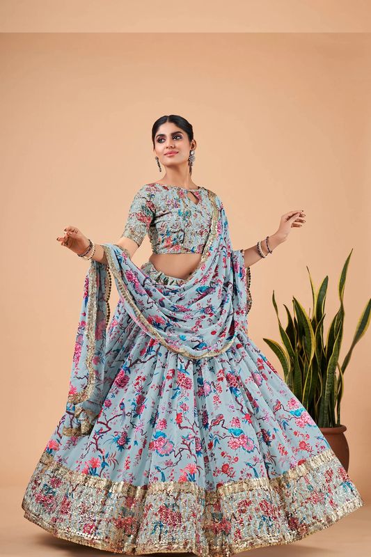 Digital Print Satin Silk Fabric Stitched Lehenga Choli With Jequared Blouse and Assami Silk Thread Work Dupatta For Women and Girls In Festive Party And Traditional Wear