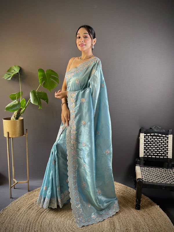 Blue Sequance & Thread Embroidery & Cut Work Gold Crunchy Saree