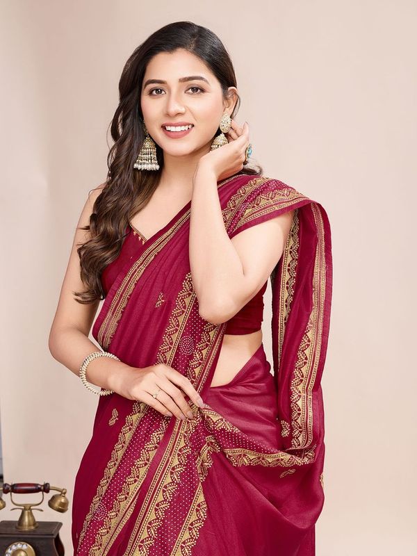 Red Designer Embroidery Work Vichitra Silk Saree