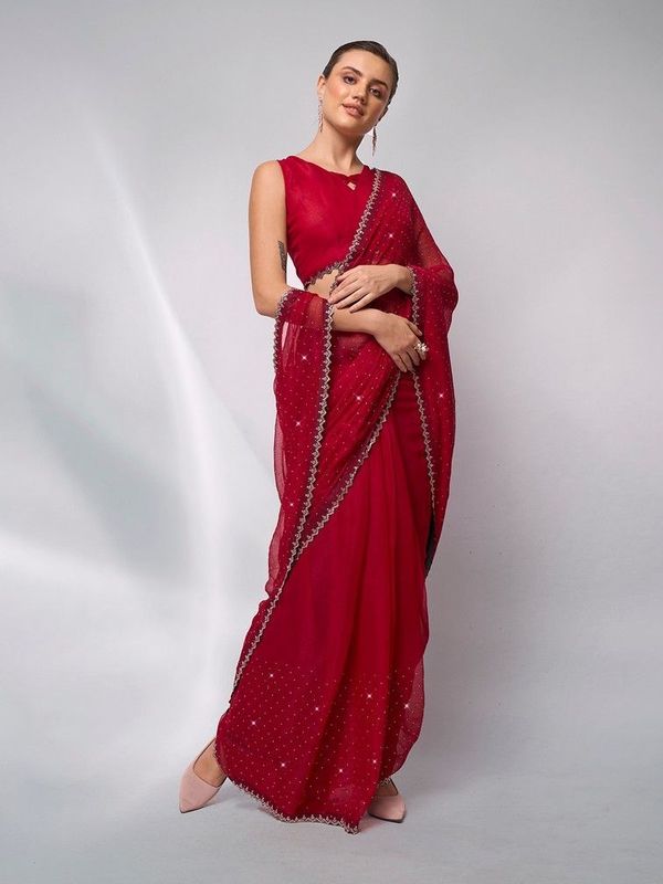 Red Color Moss Fabric Swarovski Designer Graceful Bollywood Style Party Saree