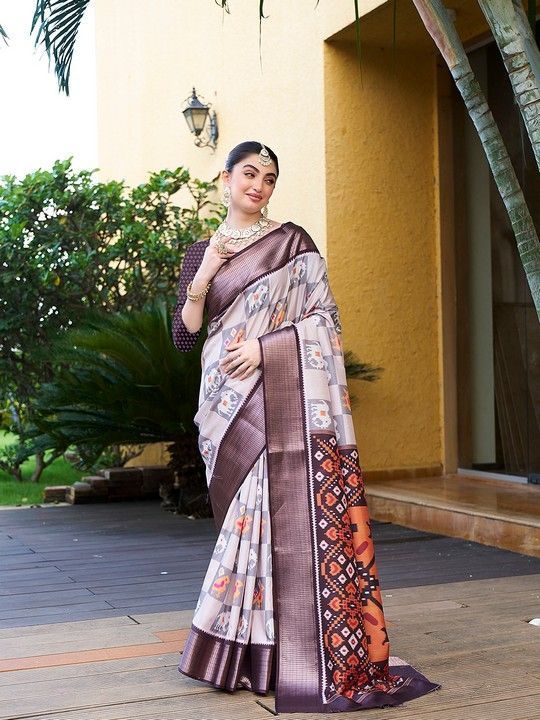 Grey Crepe Digital Print Saree With Tassels on Pallu and Stitched Purple Blouse