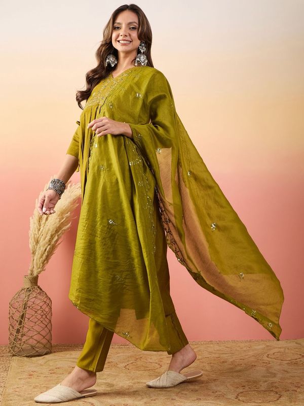 Green Color Beautiful Woven Silk Readymade Suit with Festive Thread Embroidery Work