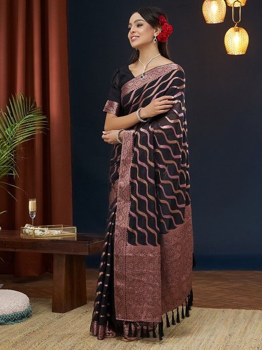 Black Georgette Leheriya Saree With Tassels on Pallu and Stitched Black Blouse
