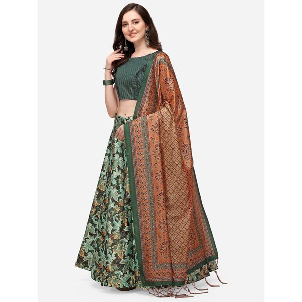 Digital Print Satin Silk Fabric Stitched Lehenga Choli With Jequared Blouse and Assami Silk Thread Work Dupatta For Women and Girls In Festive Party And Traditional Wear