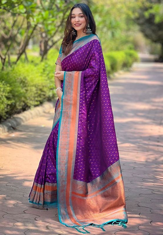Voilet Wevon Copper Butti Designer Soft Silk Saree