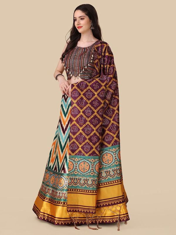 Digital Print Satin Silk Fabric Stitched Lehenga Choli With Jequared Blouse and Assami Silk Thread Work Dupatta For Women and Girls In Festive Party And Traditional Wear