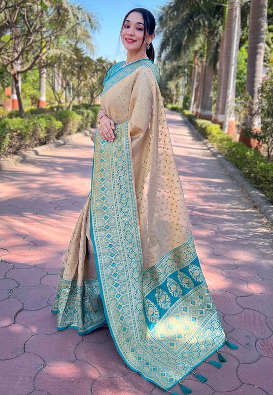 Beige Tissue Silk Weaving Jari Designer Ethnic Traditional Saree