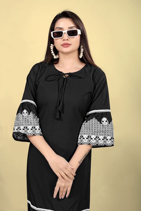 Black Cotton Fabric Thread Embroidery Work Kurti For Formal Looks