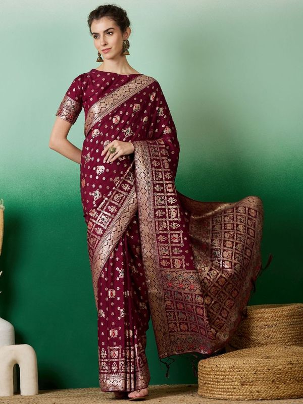 Wine Wevon Jacquard Designer Staple Dola Cotton Saree