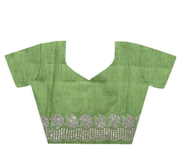 Green Sequance & Thread Embroidery & Cut Work Gold Crunchy Saree