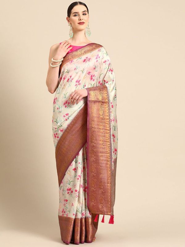 Beige Women Art Silk Digital Print Saree