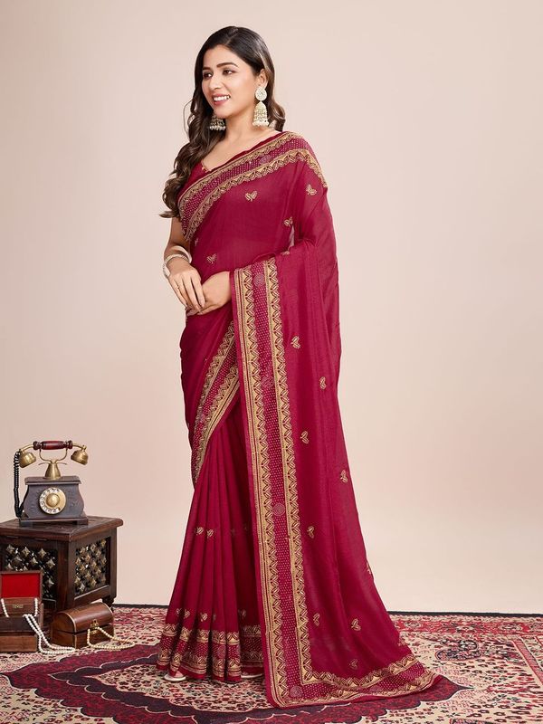 Red Designer Embroidery Work Vichitra Silk Saree