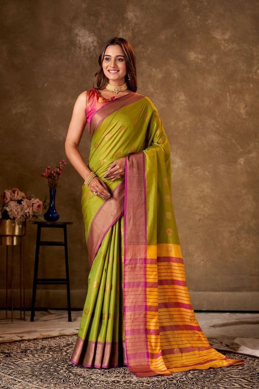 Light Green Cotton Striped Saree and Stitched Pink Blouse