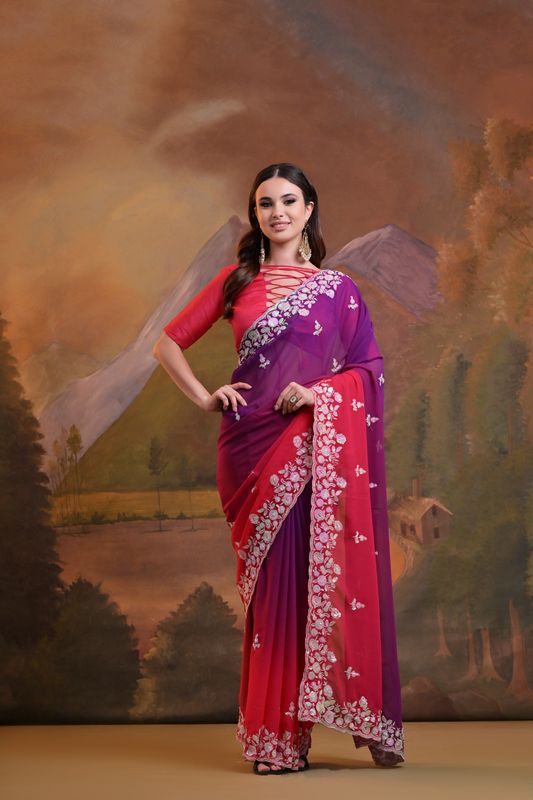 Pink Pedding & Sequance Embroidery Work Georgette Saree