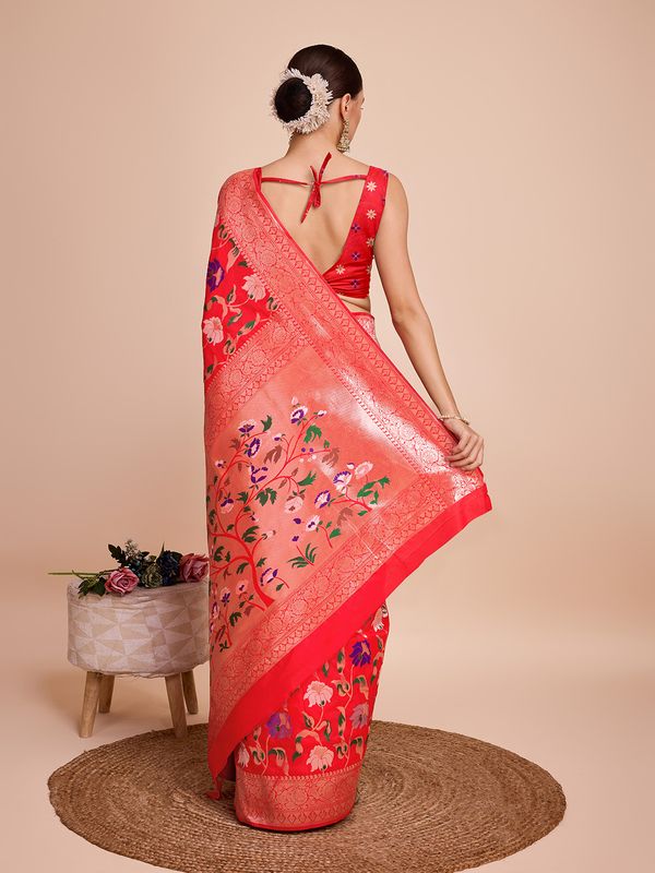 Red Weaving Meenakari Designer Paithani Silk Saree