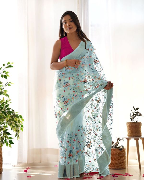 Grey Wevon Patta & Thread & Dori & Jari Embroidery Work Organza Saree