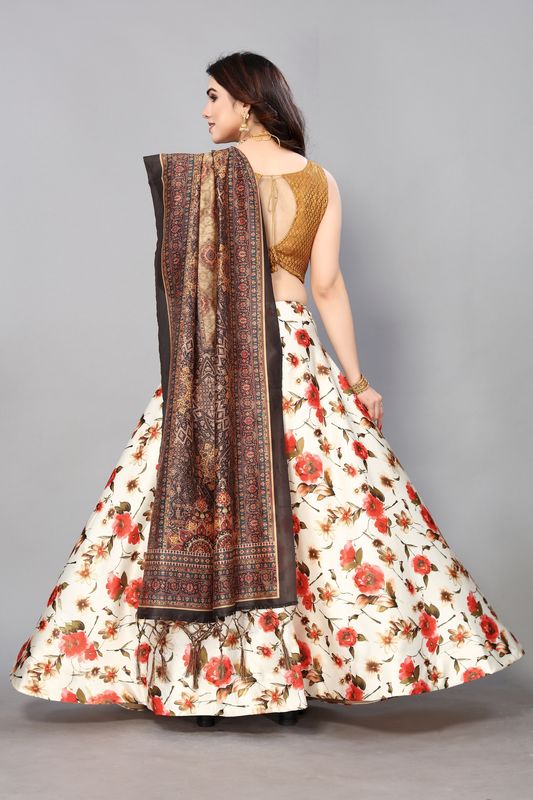 Digital Print Satin Silk Fabric Stitched Lehenga Choli With Jequared Blouse and Assami Silk Thread Work Dupatta For Women and Girls In Festive Party And Traditional Wear