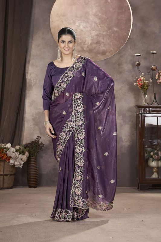 Purple Multy Thread & Sequance Embroidery Cut Work Gold Crunchy Saree