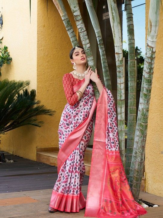 Light Pink Crepe Digital Print Saree With Tassels on Pallu and Stitched Pink Blouse