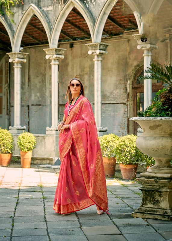 Peach Weaving Designer Tissue Silk Saree