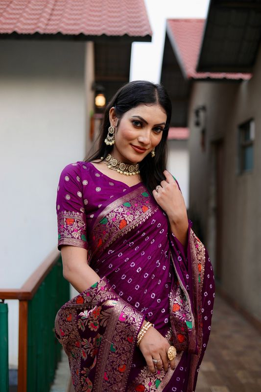 Purple Paithani Silk Wevon Border Pallu Designer Saree With Bandhej Work