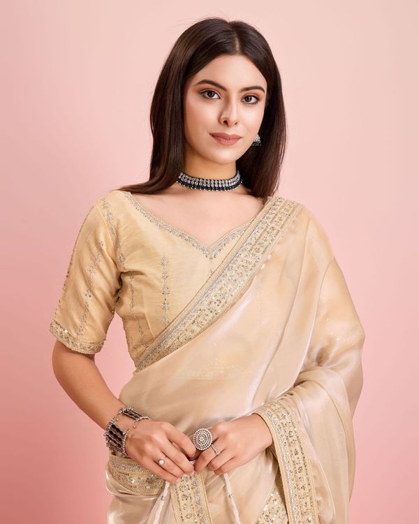 Beige Embroidery Work Lace Blouse Jimmy Choo Saree