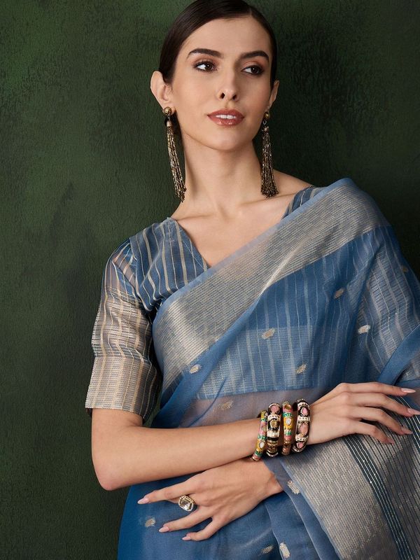 Teal Wevon Designer Khadi Organza Saree