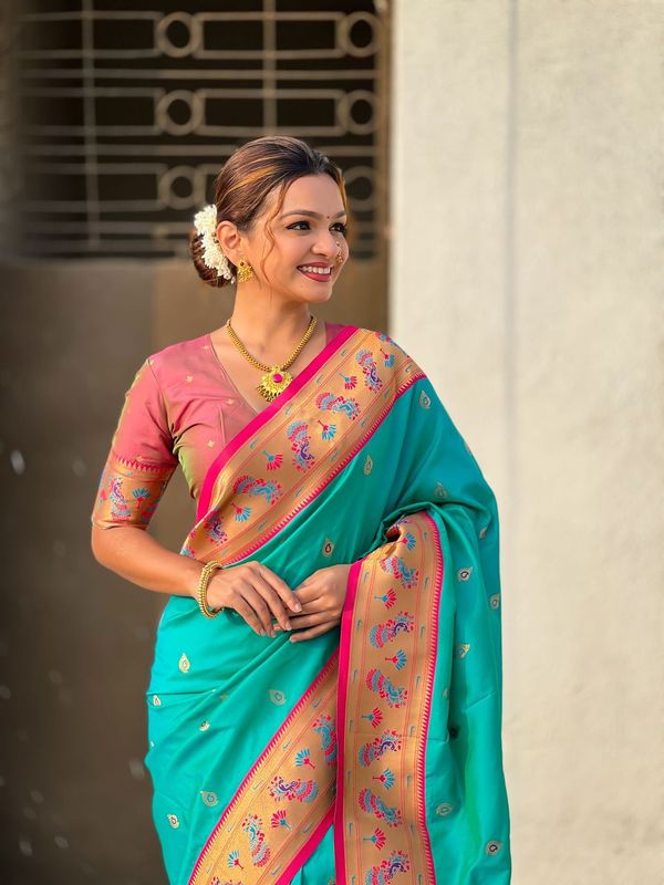 Sea Green Weaving Meenakari Designer Soft Silk Saree