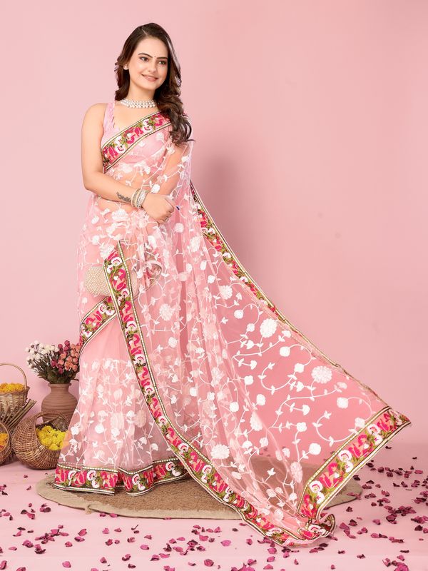 Pink Multy Thread Embroidery Work Soft Net Saree