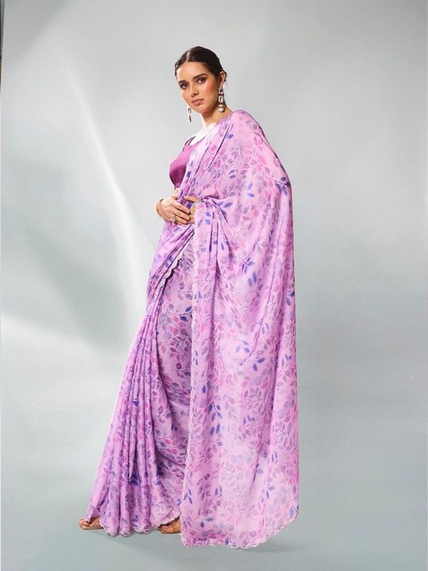 Lavender Color Satin Georgette Fabric Designer Printed Graceful Bollywood Style Party Saree