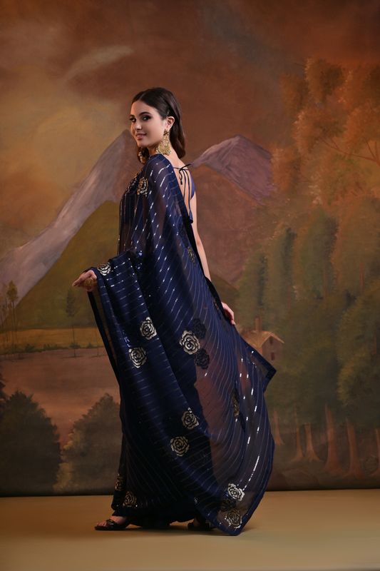 Blue Designer Sequance Embroidery Work Georgette Saree
