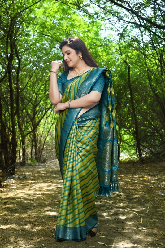 Green Wevon Jari Laheriya Designer Soft Silk Saree