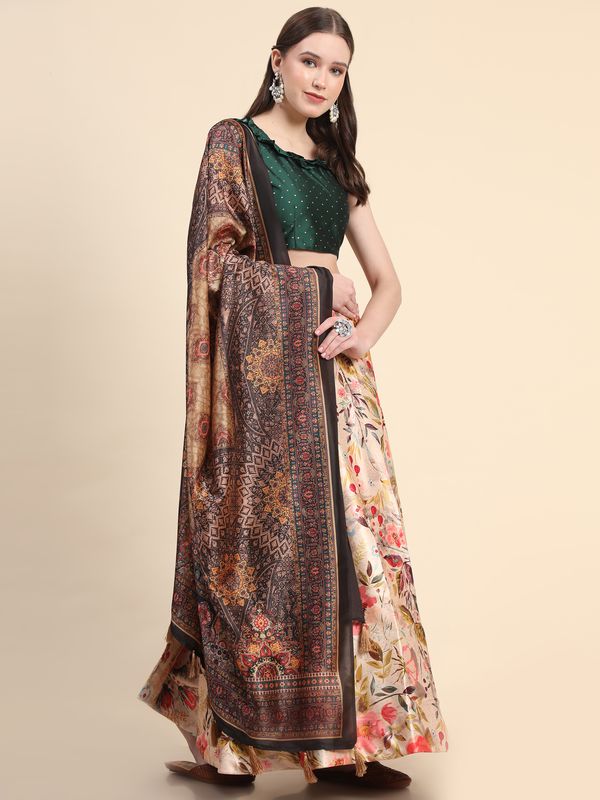 Digital Print Satin Silk Fabric Stitched Lehenga Choli With Jequared Blouse and Assami Silk Thread Work Dupatta For Women and Girls In Festive Party And Traditional Wear