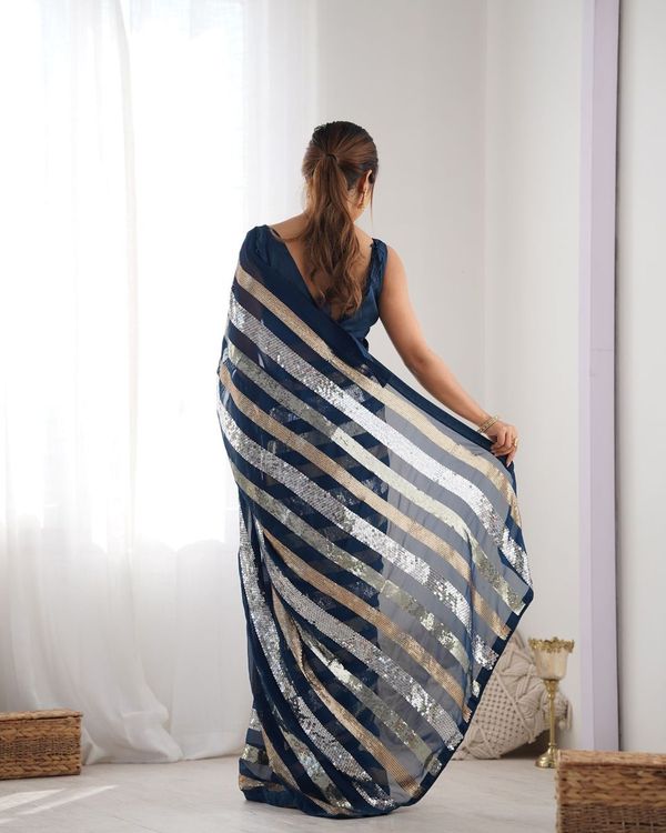 Petrol Sequance Embroidery Work Border Georgette Saree