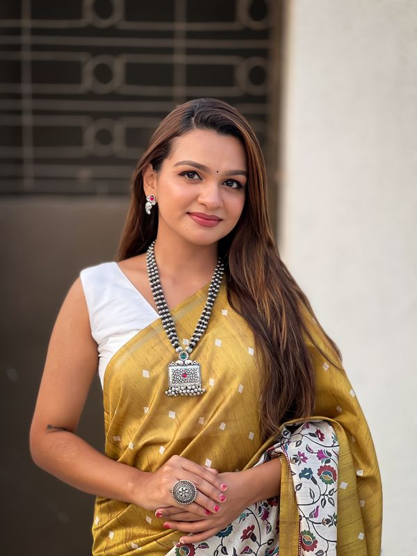 Mustard Designer Kalankari Floral Printed Katki Silk Saree