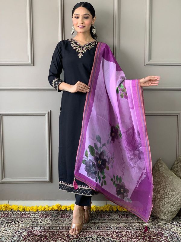 Black Chanderi Cotton Straight Kurta