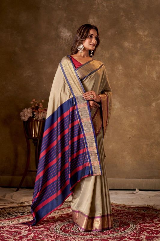 Gold Cotton Striped Saree and Stitched Red Blouse