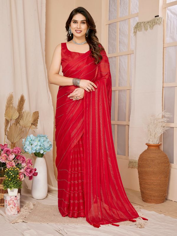Red Wevon Designer & Swarovski Work Georgette Saree