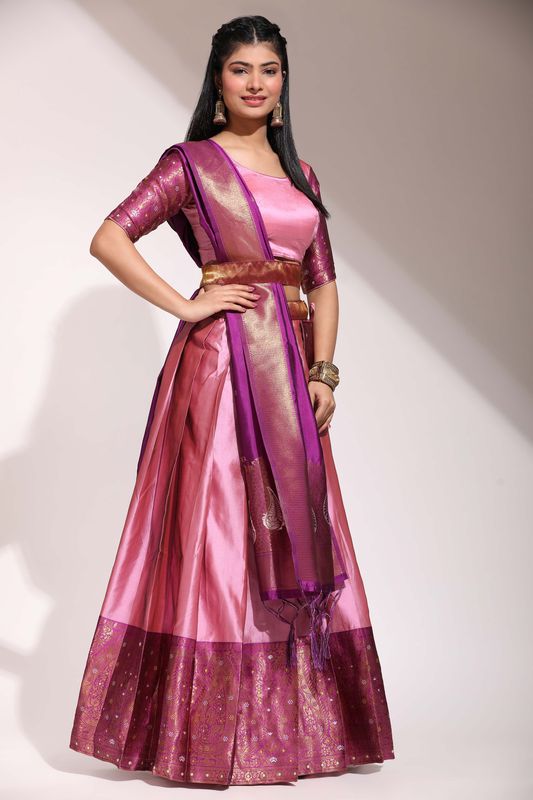 Light Pink Lichi Silk Jacquard Work Lehenga